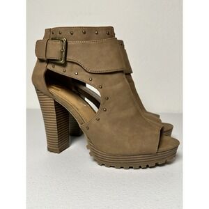 Report Block Heel Peep Toe‎ Ankle Bootie Tan Faux Suede Chunky Lug Sole Sz 8.5